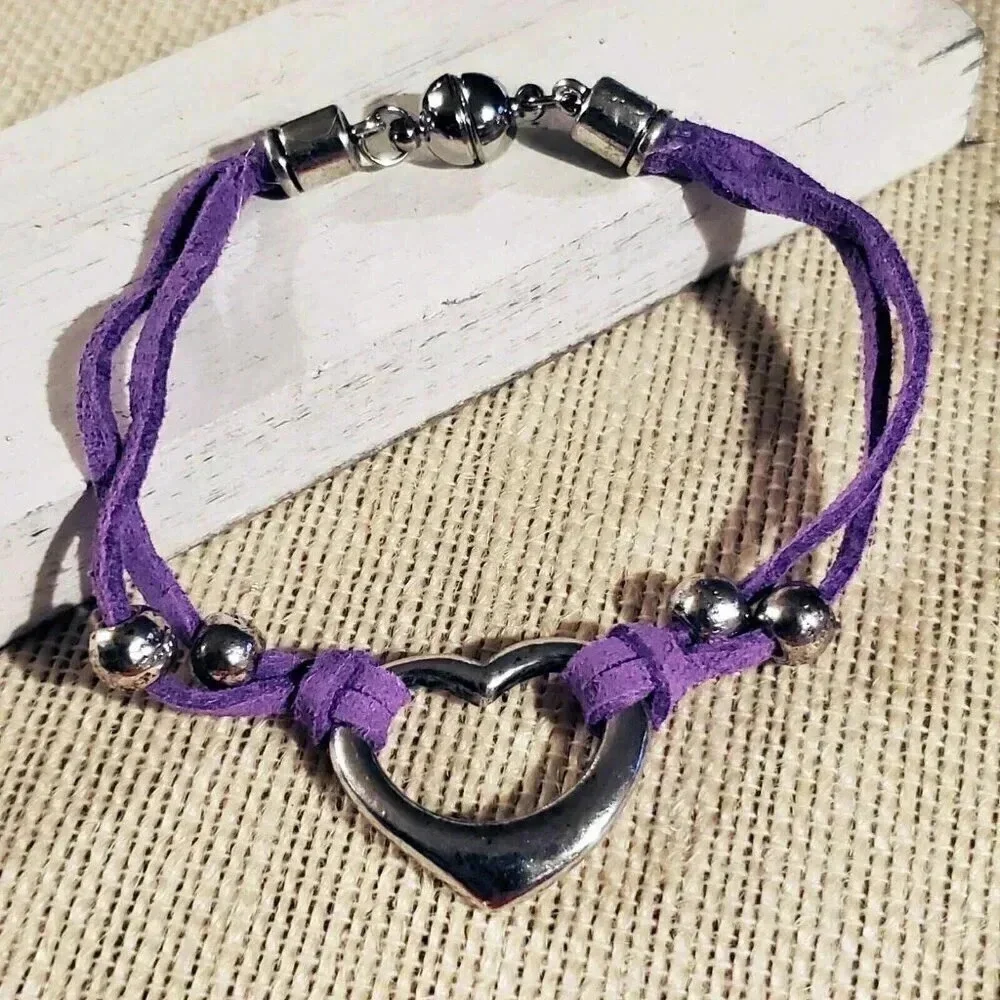 Handcrafted Antique Silver Purple Vegan Suede Open Heart Magnetic Clasp Bracelet